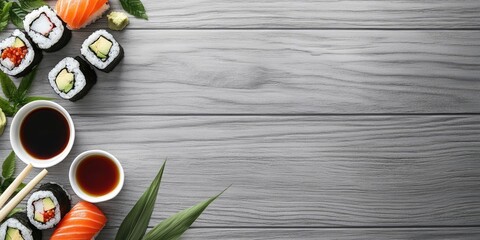 Sushi platter with assorted rolls wasabi and soy sauce on gray wooden surface green leaves and chopsticks with ample copy space on the right