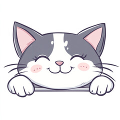 Obraz premium A cute cartoon cat with cute eyes and rosy cheeks, happily peeking over a surface with its paws resting on the edge.