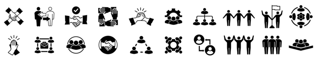 Successful business collaboration icon set. Containing teamwork, cooperation, team working, agreement, handshake, support, leadership, help, group people, partnership,organization. Vector illustration