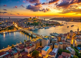 Obraz premium Istanbul Skyline Panorama: Golden Horn & Bosphorus Bridge at Sunset