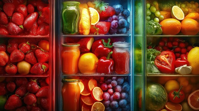 Brand Value Concept. Vibrant assortment of fresh fruits and juices in a refrigerator.