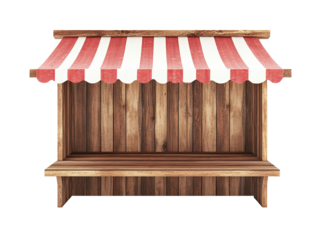 Isolated Wooden Market Stall with Red and White Canopy