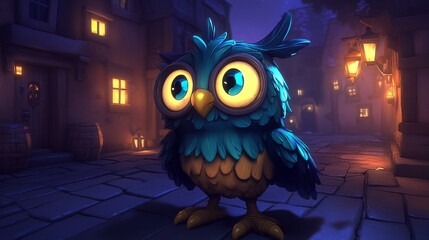 A whimsical, large-eyed owl in a dimly lit, medieval-style street at night