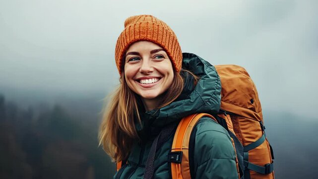 Smiling hiker with orange beanie and backpack enjoying a cloudy mountain landscape on a brisk day in autumn