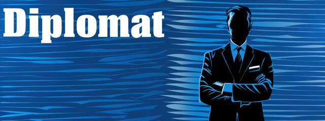 Illustration of a silhouetted male figure in a suit, with arms crossed, on a blue textured background with 'Diplomat' text.