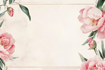 A luxurious invitation with watercolor peonies in soft pink hues, framed by a thin gold border and calligraphy text.