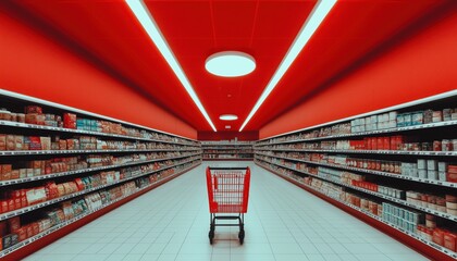 Brand Value Concept. Vibrant supermarket aisle with a shopping cart under bright lighting.