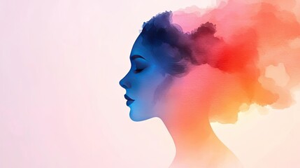 Explosion watercolor idea. Artistic representation of a woman's silhouette with colorful, abstract thoughts.