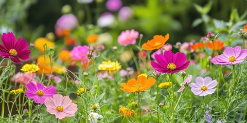 Obraz premium Vibrant garden scene featuring colorful cosmos flowers in shades of pink, orange, and yellow with soft bokeh background for text placement.