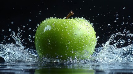 Green apple splashing into water, droplets, black background.