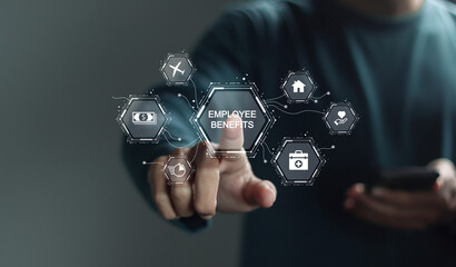Employee benefits concept. Person touching employee benefits icon on virtual screen. Fringe benefits for employee engagement. Insurance, paid vacation, office perks.