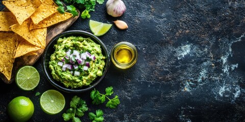 Classic guacamole with diced onion and garlic in a black bowl, surrounded by nachos, lime wedges, olive oil, and fresh cilantro on a dark background.