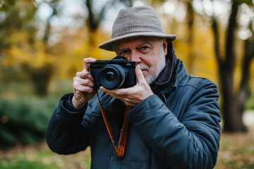 Senior man enjoying photography as a new hobby while surrounded by vibrant autumn colors in a peaceful park filled with falling leaves