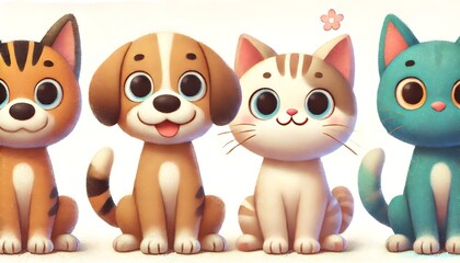 Obraz premium Whimsical Claymation Illustration of a Smiling Cat and Dog in Pastel Colors on a Soft White Background