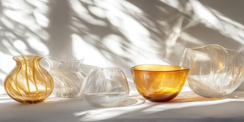 Elegant murano glass vases in amber and clear tones casting intricate shadows on a white backdrop with ample negative space for text