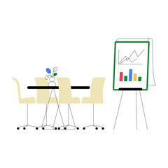 Office Meeting Table With Chairs And Graph Chart In Flat Vector Illustration Symbolizing Business, Teamwork, And Presentation, Isolated On White Background