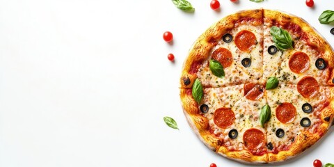 Delicious pepperoni pizza topped with fresh basil and olives arranged on a white background with cherry tomatoes providing ample copy space.