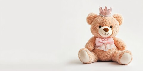 Adorable plush teddy bear wearing a pink crown and bow on a soft white background, positioned prominently on the right side of the image.
