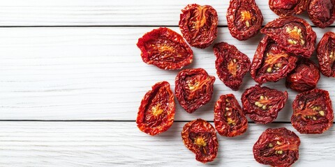 Fototapeta premium Sundried tomatoes in various shades of red scattered atop a white wooden table with a soft textured surface and natural light highlighting details