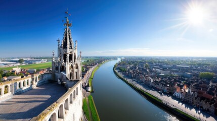 Fototapeta premium Scenic view of a river and historical architecture under sunlight.