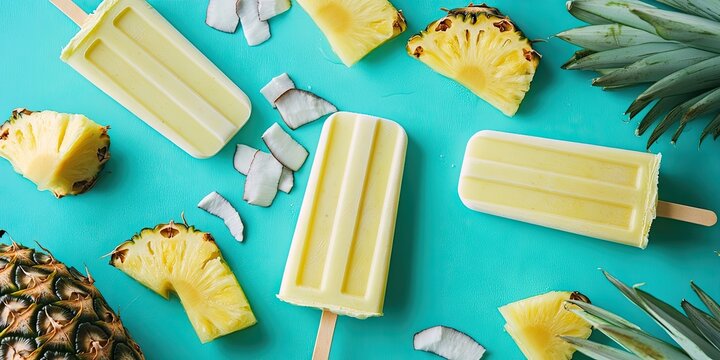 Homemade pineapple coconut popsicles on turquoise background with pineapple slices and coconut flakes arranged around, vibrant summer flat lay scene