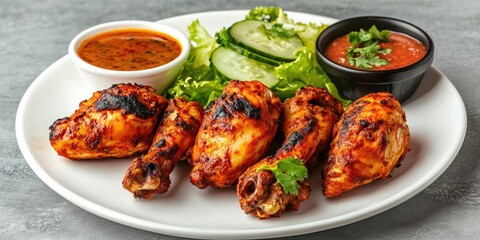 Fototapeta premium Tandoori chicken platter featuring grilled golden-brown chicken legs with garnish of fresh green lettuce and cucumber slices on a white plate
