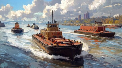 Many boats travel on the river towards city.