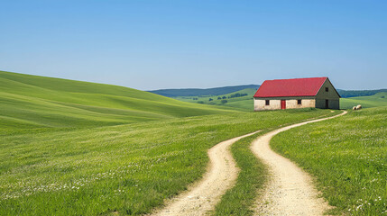Obraz premium Peaceful Countryside Landscape with Rolling Green Hills and a Charming Farmhouse