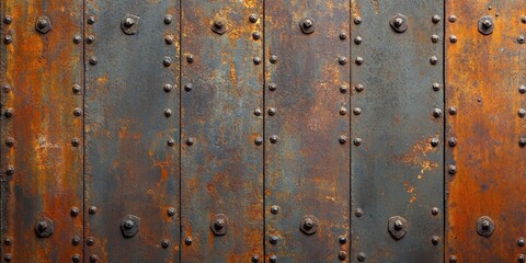 Fototapeta premium Weathered antique rusty metal wall background with blue and orange tones featuring holes and nails ideal for creative projects and designs.