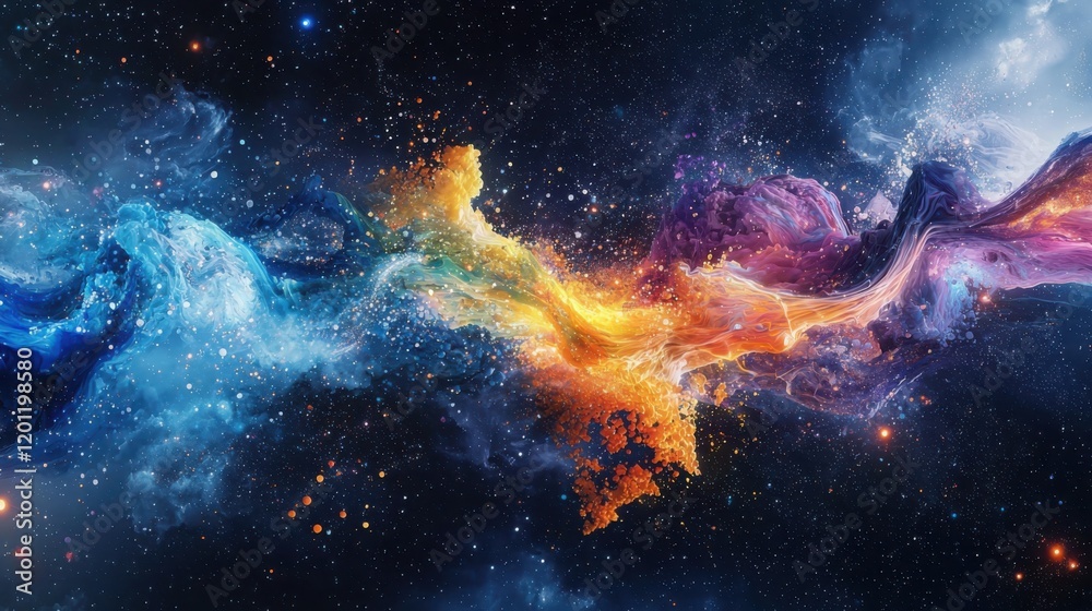 Poster dynamic digital data streams flowing through abstract space colorful particles and energetic motion 
