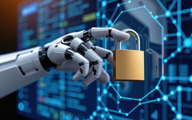 A robotic hand reaches out to grasp a golden padlock, symbolizing the concept of cybersecurity and data protection in the digital age.