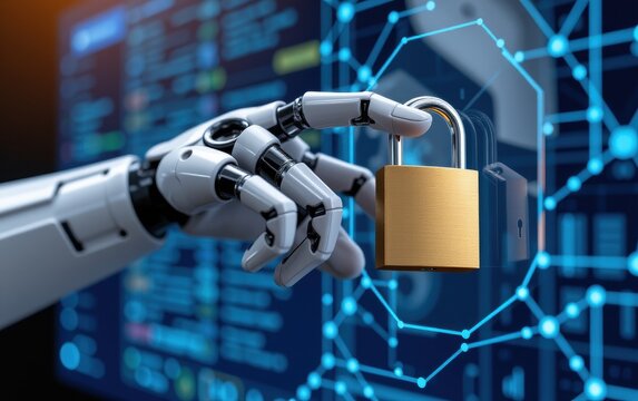A robotic hand reaches out to grasp a golden padlock, symbolizing the concept of cybersecurity and data protection in the digital age.