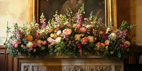 Fototapeta premium Vibrant floral arrangement with mixed pink and yellow blooms cascading over a wooden altar against a vintage painting backdrop.