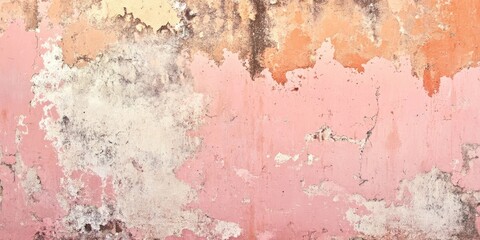 Fototapeta premium Textured abstract background showcasing a light pink and orange aged wall with peeling paint and subtle cracks, creating a weathered appearance.