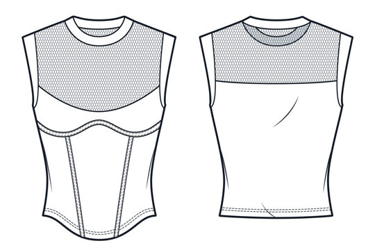 Tee Shirt with Mesh Trim fashion flat technical drawing template. Top technical fashion Illustration, sleeveless, transparent mesh, slim fit, front and back view, white, women, girl Top CAD mockup.
