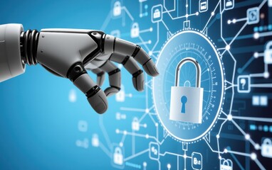 A robotic hand reaches out to grasp a golden padlock, symbolizing the concept of cybersecurity and data protection in the digital age.