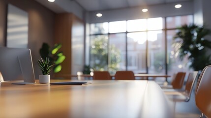 Fototapeta premium Blurred office meeting room setup with conference table and chairs, ideal for modern business presentations and corporate workspaces