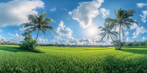 Obraz premium Vibrant panoramic view of lush green rice fields under a bright blue sky with fluffy white clouds and palm trees on a sunny morning.