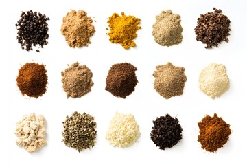 Spices arranged in small pile on a white background
