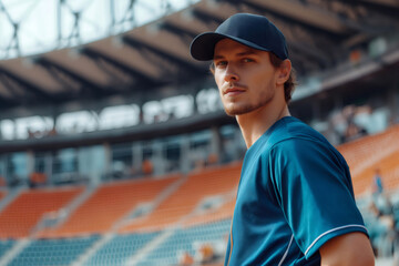 Young baseball player wearing a blue jersey and cap standing in an empty stadium, embodying the spirit of the sport