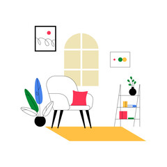 Reading Corner With Armchair And Bookshelf In Flat Vector Illustration Symbolizing Relaxation And Leisure Time, Isolated On White Background