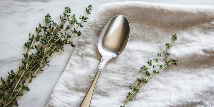 Silver tablespoon on a soft beige napkin surrounded by fresh green thyme sprigs arranged elegantly on a marble surface.