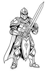 Fototapeta premium A knight in armor with a huge sword. The armor is decorated with intricate patterns. Suitable for coloring.