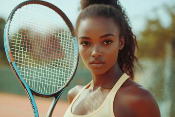 Young woman tennis player holding a racket while enjoying a sunny day on the court, embodying confidence and determination in her game