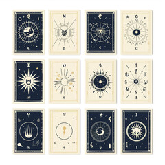 Unique collection of celestial-themed tarot cards arranged in a grid pattern on a neutral background