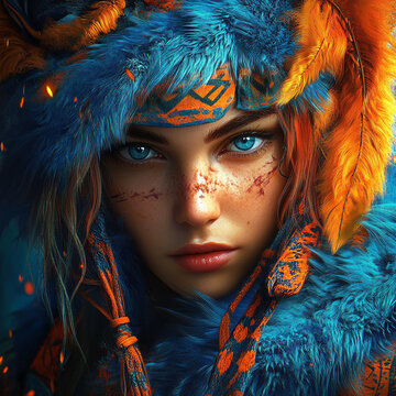 Someone dressed in vibrant, clashing outfits featuring electric blue and fiery orange tones, ultra HD