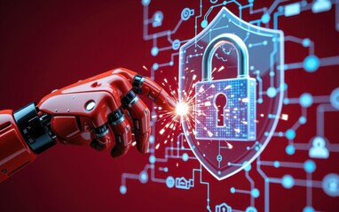 A robotic hand reaches out to grasp a golden padlock, symbolizing the concept of cybersecurity and data protection in the digital age.