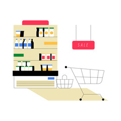 Grocery Shelf With Shopping Cart In Flat Vector Illustration Symbolizing Supermarket Shopping, Retail, And Discounts, Isolated On White Background