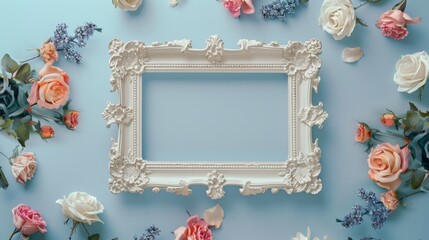 A blank white picture frame with wooden carvings centered encircled by violets and lilies