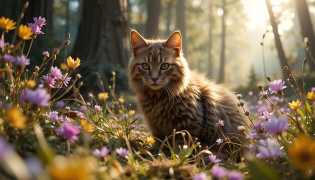 A fluffy ginger cat sits amidst a vibrant field of wildflowers, bathed in the golden sunlight of a magical forest. - Powered by Adobe